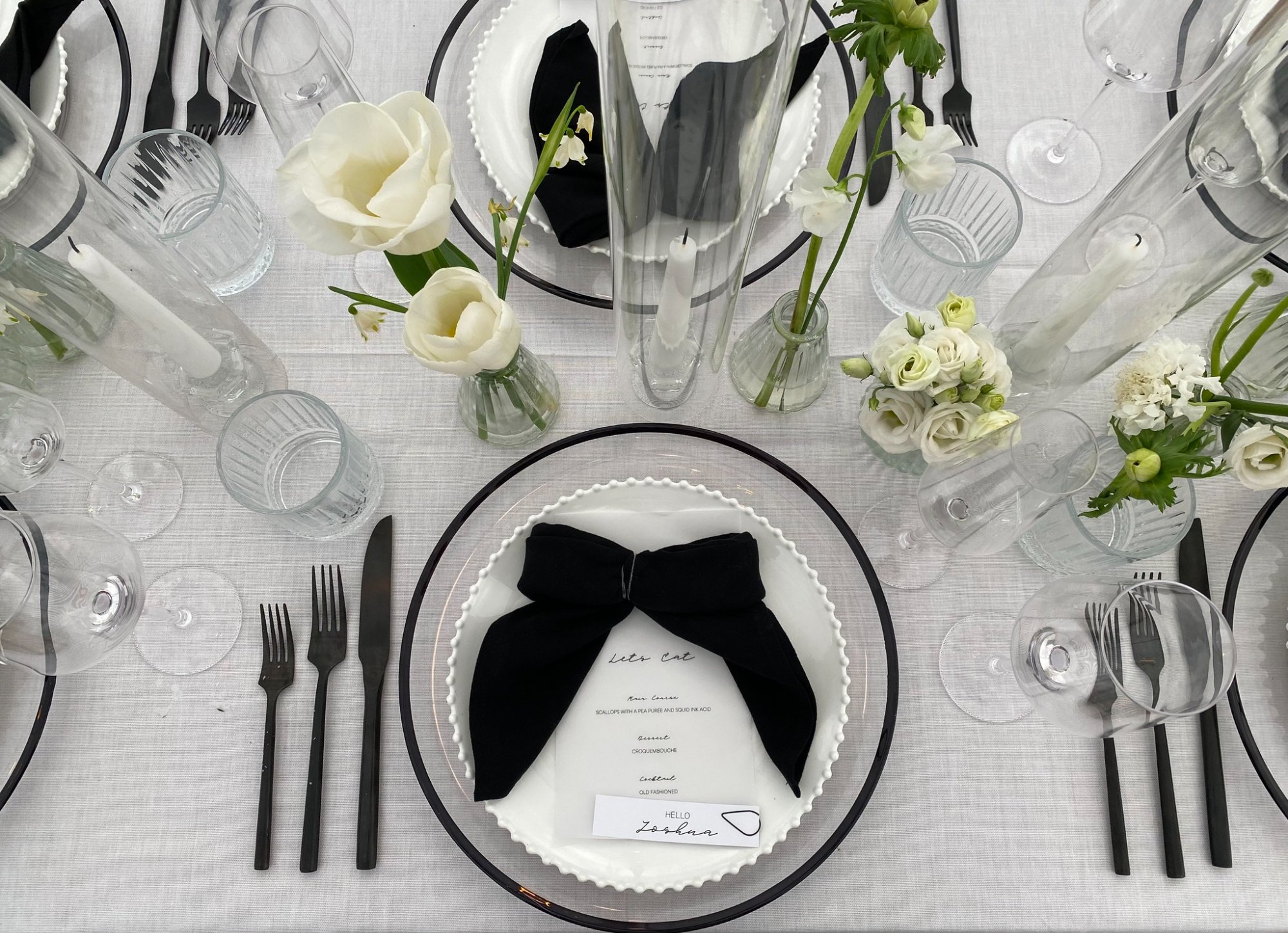 Elegant black and white wedding table setting with custom menus and place cards - Kent wedding stationery
